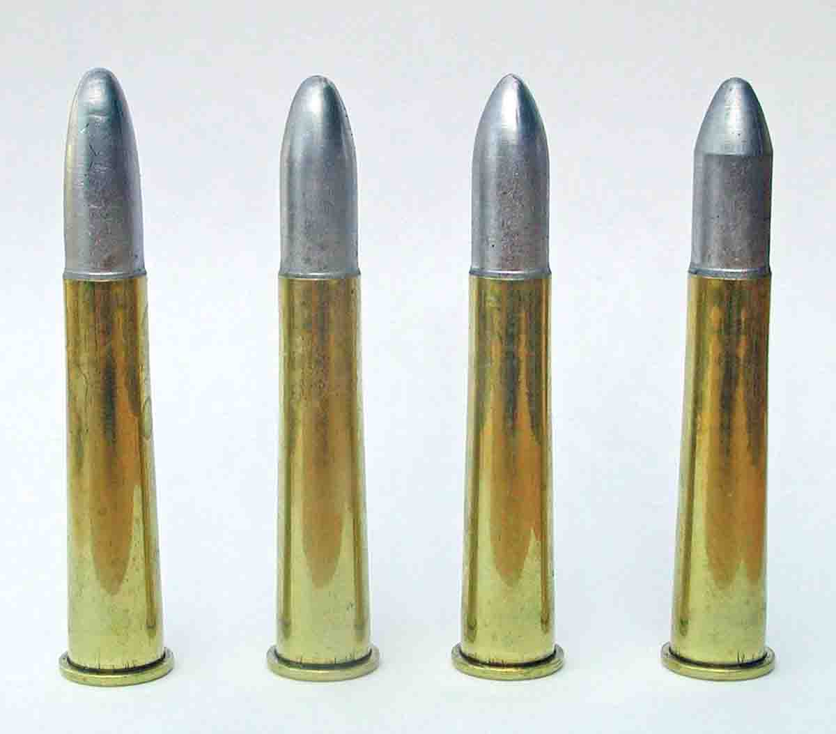 These .40-65 cartridges were used for testing in firing order (left to right): Dan Theodore elliptical-nose with .200 long bore ride (.399), .800 of unsupported nose; New Postel with .460 long bore ride (.399); Pointed “Turkey Killer” with .430 long  bore ride (.399); “No Slump” with .580 long bore ride (.399).